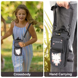 RICHEN Neoprene Water Bottle Carrier Bag 25/32/40/64 oz, Bottle Pouch Holder with Adjustable Padded Shoulder & Handle Strap and Front Pockets for Hiking Travelling Camping (Cute Cat, 32oz)
