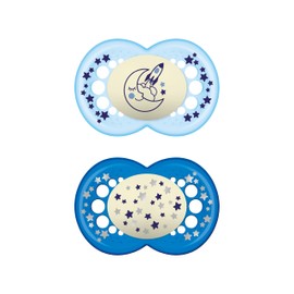 MAM Original Night S175 Dummy with Latex Teat for Babies 16+ Months, Glow in the Dark - Blue (Pack of 2) with Car Sterilising Box, Spanish Version