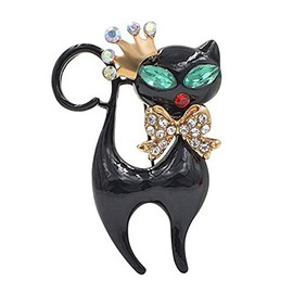 Black Enamel Metal Rhinestone Cat Brooch for Women, enamel