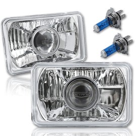 Octane Lighting 4X6 Inch Super White Halogen Projector Crystal Clear Lens/Metal Headlight H4 Light Bulb Headlamp Pair