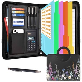 NATISERAUM Portfolio Organizer - 3 Ring Binder with Handle, Vegan Leather Business Padfolio Folder with Notepad, Includes 5 Dividers with 10 Pockets for Documents Files