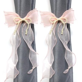 Turbokey Bowknot Curtain Tieback 2 Pcs Beautiful Decoration Curtain Strap Sweet Bow Curtain Rope Drapery Clip Holdback Hand-Knitted Tiebacks Macrame Drapery Holdbacks (Pink)
