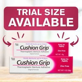 Cushion Grip Thermoplastic Denture Adhesive, 0.35 oz Travel Size (Pack of 2) – Refits and Tightens Loose Dentures for Up to 4 Days | Non-Glue, Zinc-Free, Waterproof Formula, Acts Like a Soft Reliner