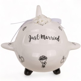 MIJOMA Wedding Money Box for Marriage Savings: Original Money Box with Lock, Just Married in Ceramic - Perfect for Married Couples and Savings Foxes (Wedding Plane)