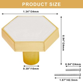 SWZHAI 12 Pcs Gold Knobs for Dresser Drawers, Brushed Brass Hexagon Knobs Drawer Knobs, 1-1/4" Gold Cabinet Knobs Dresser Knobs Pulls for Kitchen Cabinets Cupboard Furniture Knobs, White