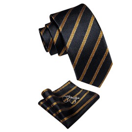 YourTies Striped Ties for Men Black and Gold Silk Tie and Pocket Square Set Wedding Party Business Formal Necktie