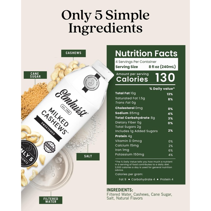 Elmhurst 1925 Sweetened Cashew Milk - 32 Ounce (Pack of
