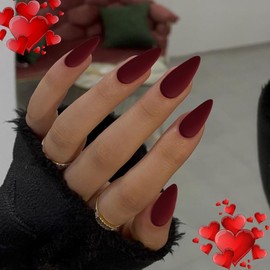 More Burgundy Press on Nails Medium Stiletto Almond,KQueenest Matte Pure Color Acrylic Nails Kit Reusable Fake Nails with Feature Protective UV Coating for Women Nail Art Manicure in 24PCS