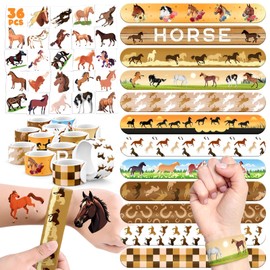 BOIKOKY 60 PCS Horse Party Favors Set - 36 Temporary Tattoos & 24 Slap Bracelets for Kids, Perfect for Horse-Themed Birthday Supplies, Classroom Rewards and Farm-Themed Fun
