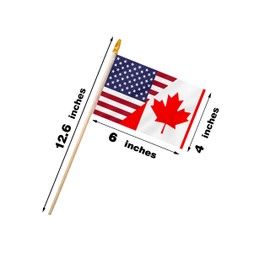USA Canada Friendship Combo Stick Flag 4x6IN 12 Pack Small Mini American Canadian National Handheld Flag with Wood Pole And Blunt Spear Top