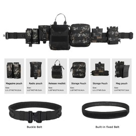 PIKEON Tactical Belt Battle Law Enforcement Molle Airsoft Duty Belt Quick-Release with Pouches 8 in 1 (BlackCP)