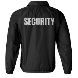 Security Nylon Jacket in Black with Silver/Reflective Logos, Front and Back.