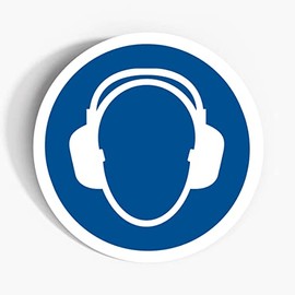 Set of 6 Wear hearing protection Mandatory Safety Signs - 56mm Waterproof Indoor/Outdoor Stickers - Office, Warehouse, PPE Site Safety Signs