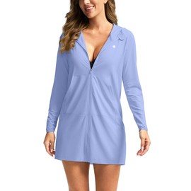 Women's UPF 50+ Swim Cover Up Sun Protection Hoodie Long Jacket SPF Lightweight Beach Cover Ups for Women(Fog Blue,XL)