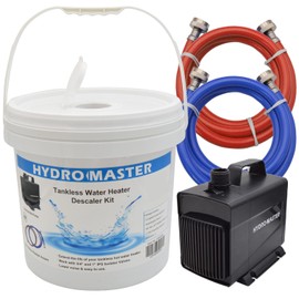 HYDRO MASTER Tankless Water Heater Flush kit,Includes Submersible Pump, 3.2 Gallon Pail with Screw Top Lid, Two 3/4-inch GHT x 6 FT Color Coded Rubber Hoses