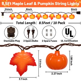 8.5Ft Fall Decor Orange Maple Leaf & Pumpkins String Lights, 10 LED Fall String Lights Plug in, Outdoor Indoor Fall Decorations for Home Porch Fireplace Harvest Party Thanksgiving Decor