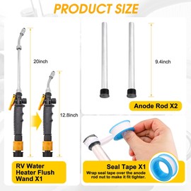 Mornajina 4 Packs RV Water Heater Anode Rod & RV Water Heater Flush Wand Kit, 9.25"L x 3/4" NPT Thread Magnesium Rod and Metal Tube Water Tank Flusher RV Hot Water Heater Anode Rod