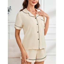 MAIABLEAU Pajama for Women Pj Set Two Piece Sleepwear Soft Loungewear Short Sleeve Top and Shorts Outfits Set Beige L