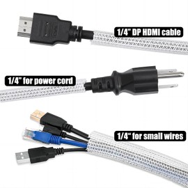 Cable Management Sleeve, 10ft - 1/4 inch White Cable Sleeve, Cord Organizer Cord Management for USB Cable Power Cord TV Computer Desk with 3 PCS Black Cable Ties