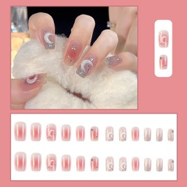 AiMMei Nail Tips, 24 Pieces, Medium, Short, False Nails, Medium Long, Cute, Stylish, Convenient, Nail Art, Adult Ceremonies, Bride Nails, Easy to Apply, Double Sided Tape Included, Installation Tools,