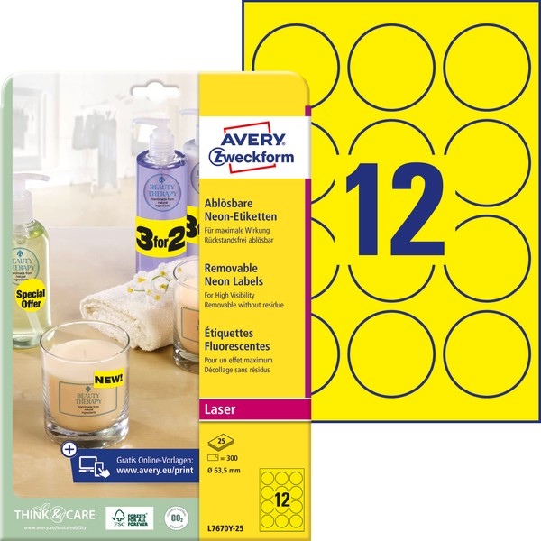 Avery Zweckform L7263R-25 Neon Labels Ø 6,35 cm neon yellow