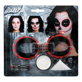 Kit make-up Day of the dead (make-up, 1 spons, 2 oogdecoraties en 1 stickervel met 20 edelstenen)