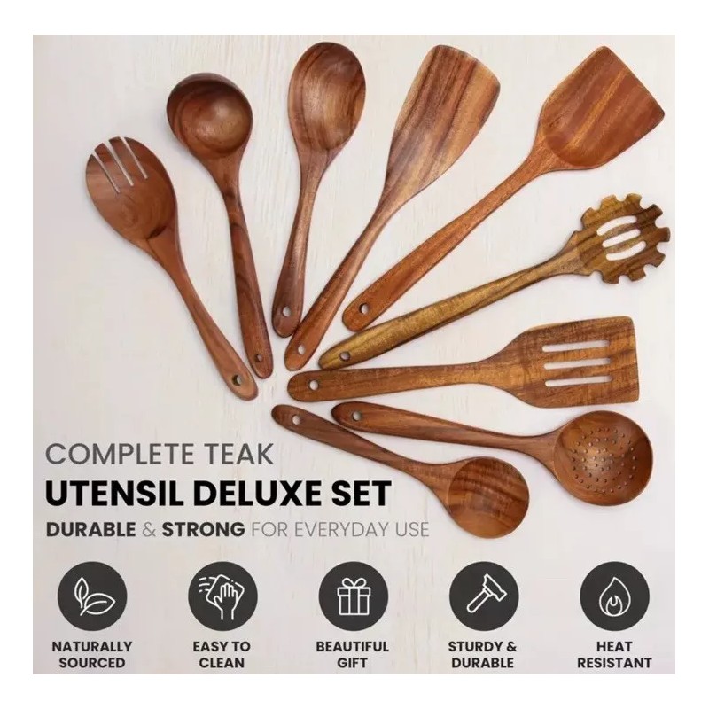 XY Teak PREMIUM Wooden Kitchen Cooking Utensils, Spatula, Spoons Complete