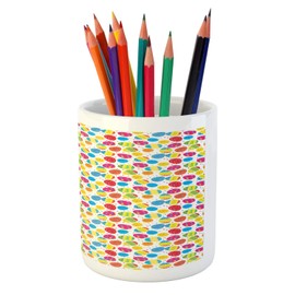 Ambesonne Easter Pencil Pen Holder, Cartoon Style Chicken and Colorful Eggs with Little Daisy Blossoms and Zigzag, Ceramic Pencil Holder for Desk Office Accessory, 3.6" X 3.2", Multicolor