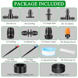 216FT Drip Irrigation System Kit, Automatic Drip Irrigation Kit with 1/2 inch Hose 1/4 inch Distribution Tubing and Accessories