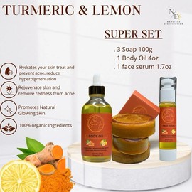 Set gamme Lemon Turmeric & Kojic Acid Brightening serum Bar with Organic Turmeric, Kojic Acid, Coconut Oil & Lavender for Acne and Dark Spot Reduction - Set: Super set ( 3 soap, 1 serum , 1 body oil )