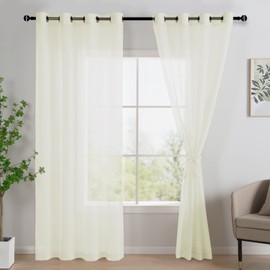 JIUZHEN Ivory Sheer Curtains 90 Inches Long - Semi Transparent Light Filtering Grommet Window Drapes for Living Room/Balcony, 52Wx 90L, Set of 2 with Tiebacks