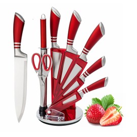 Kitchen Knife Set, 9-Piece Red Knife Set with Acrylic Block, Non Stick Sharp High Carbon Stainless Steel Chef Knife with Sharpener for Kitchen Cutting Kitchen Gifts for Women