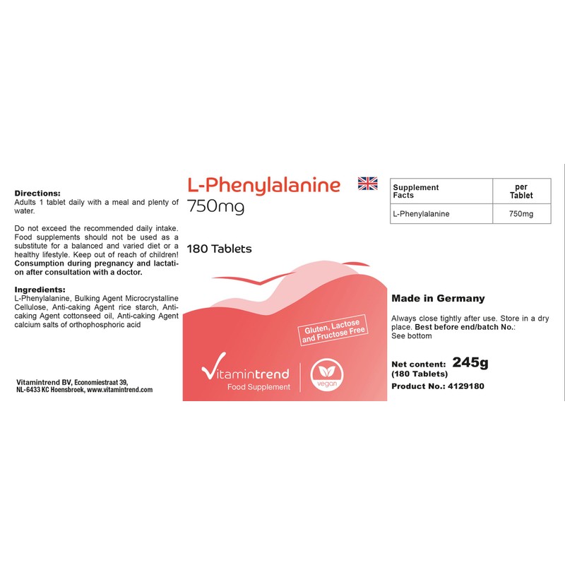 L-Phenylalanine 750 mg, 6-month supply, 180 tablets, vegan, high dose.