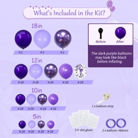 133pcs Purple Balloons Garland Kit - 18/12/10/5 Inch Metallic, Dark & Pastel Purple Confetti Balloons Arch Decor for Birthday, Wedding, Baby Shower Party Supplies