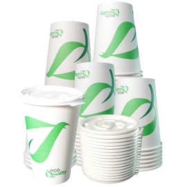 16 oz Compostable Paper Cups with White Flat Lids - Biodegradable Disposable White Paper Coffee Cups PLA Lined - Eco-friendly Hot and Cold Drinking Cups (25)