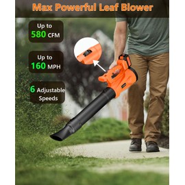 Leaf Blower Cordless with 2 3.0Ah Battery and Charger, 580CFM/160MPH Electric Leaf Blower with 6 Speed Modes, Cruise Control, Blowers for Lawn Care, Patios, Blowing Leaves and Dusts