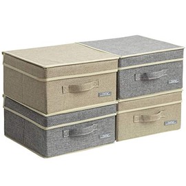 YueYue 4 Pack Small Fabric Storage Box with Lids, Foldable Linen Storage Box with Lids 4 Pieces Gray&Linen Set 12.4in/12in/6.7in
