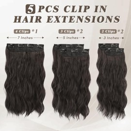 BARSDAR Wavy Clip in Hair Extensions - 14 Inch Black Brown Clip in Hair Extensions for Women - 5PCs Thick Soft Synthetic Clip in Hairpieces Girls Daily Party - Black Brown