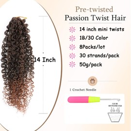 XGY Hair Pre-twisted Passion Twist Hair 14 Inch 8 Packs Yanky Twist Crochet Hair Soft Pre Looped Curly Ombre Brown Crochet Hair Senegalese Twist Crochet Hair Yankee Twist Crochet Braids (1B/30#)