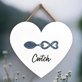 Global Designs Cwtch Cuddle Welsh Love Spoon Wooden Heart Hanging Plaque, White Grain With Uv Print