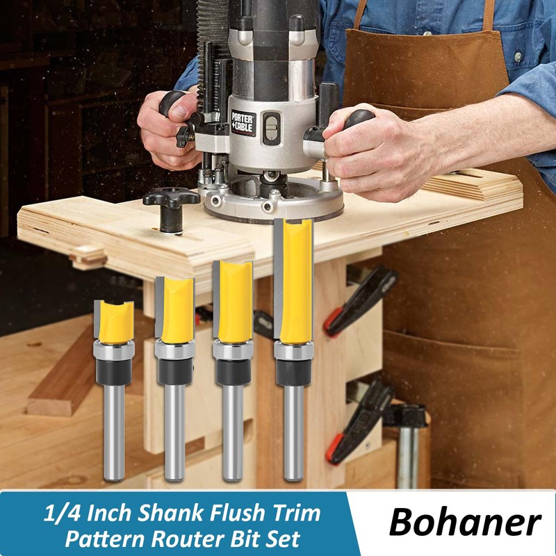 Bohaner 4 Pcs 1/4 Inch Shank Flush Trim Pattern Router