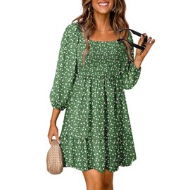 Dokotoo Sun Dresses for Women 2025 Vacation Boho Square Neck 3/4 Sleeve Smocked High Waist Ruffle A Line Bohemian Summer Fashion Short Flowy Hawaiian Mini Cute Babydoll Dress Sundresses Green X-Large