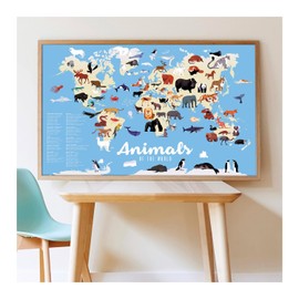 POPPIK 1841051 Sticker Poster, Animals of the World, Interactive Educational Poster with Stickers, Multilingual Wildlife Map, 68 x 100 cm for Children Aged 6 Years and Above