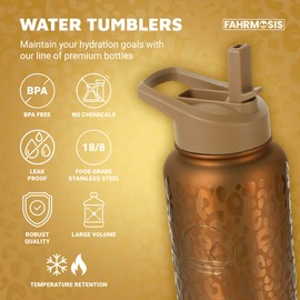 FAHRMOSIS Botella de agua de 40 oz con pajita y correa de soporte, jarra de agua aislada que incluye 3 tapas, botellas de agua de acero inoxidable para hombres y mujeres - Leopardo dorado