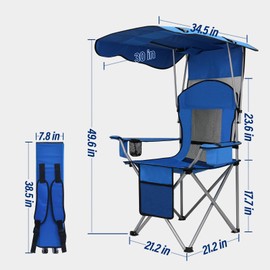 ptlsy Camping Chair with Shade Canopy for Adults, Quick Shade Canopy Folding Chair for Outdoor Sports with Cup Holder, Side Pocket for Camp, Beach, Tailgates, Fishing Support 330LBS (Blue)