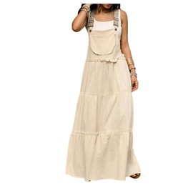 WDIRARA Women's Boho Embroidered Adjustable Straps Overall Dress Flowy Maxi Bib Pinafore Dress Apricot Large