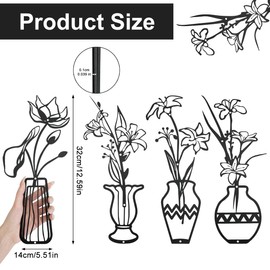 DIBALIYI 4 Pieces Metal Wall Decoration Black Flowers Wall Decoration Wall Pictures, Flower and Vase Decoration Living Room, Minimalist Wall Art for Bedroom, Living Room, Hotels, Hallways, Flowers