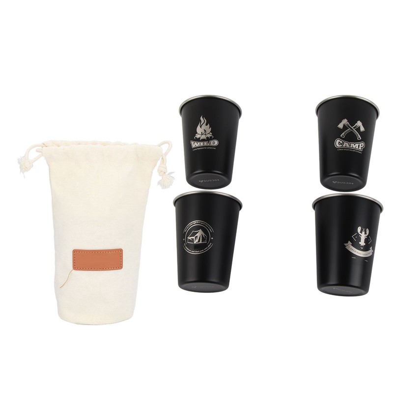 4pcs Camping Cups Black 350ml Outdoor Camping Portable Stainless Steel