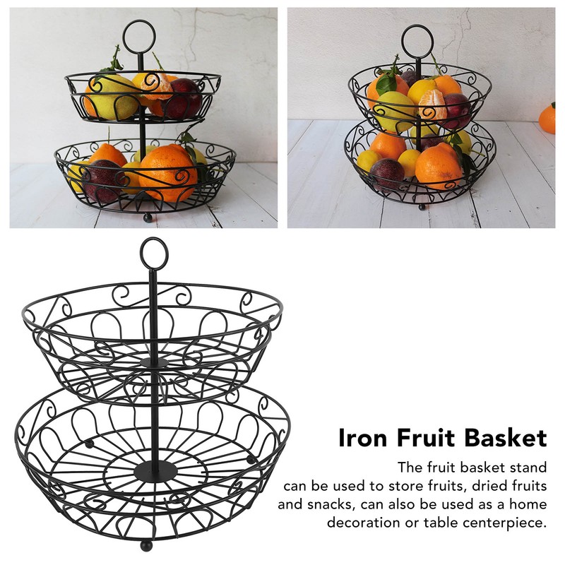 Fruit Basket Black Iron European Style Double Layer Fruit Storage