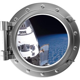 24" Port Scape Instant Space Window View Space Shuttle #1 Silver Porthole Wall Decal Removable Wall Sticker Space Bedroom Kids Boys Room Decor